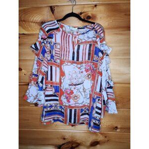 Bianca Nygard Size M White Ship Ahoy 3/4 Ruffled Sleeve Polyester Sheer Blouse